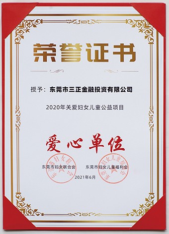 6月3日上午，東莞市婦聯(lián)聯(lián)合市委組織部、市直工委、市婦女兒童福利會(huì)共同啟動(dòng)了2021年東莞市婦女兒童“黨群公益匯”活動(dòng)。啟動(dòng)議式上，三正金融投資公司被授予“愛心單位”榮譽(yù)證書。